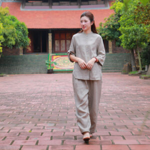 Bộ Pháp Phục Đi Chùa Nữ Vải Linen Cao Cấp Màu Xám
