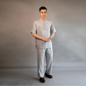 Bộ Cư Sĩ Nam Cổ Trụ Tay Ngắn Vải Linen Màu Xám, Size S, M, L, XL