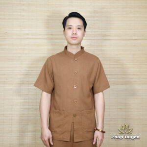 Alternative view of Bộ Quần Áo Cư Sĩ/Phật Tử Nam Nút Nhựa Tay Ngắn Vải Linen, Màu Nâu Đất, Nhiều Size