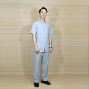Bộ Quần Áo Cư Sĩ/Phật Tử Nam Tay Ngắn Đi Chùa, Vải Linen Hàn Quốc Màu Xám Nút Nhựa, Nhiều Size
