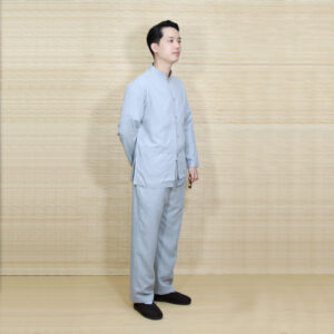 Bộ Quần Áo Phật Tử Nam Nút Nhựa Tay Dài Vải Linen, Màu Xám Nút Nhựa, Nhiều Size