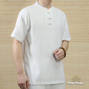 Alternative view of Bộ Phật Tử Nam Cổ Trụ Tay Ngắn, Vải Linen, Màu Trắng, Nhiều Size