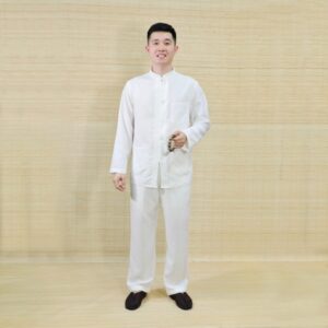 Bộ Quần Áo Phật Tử Nam Màu Trắng Dài Tay Nút Nhựa Vải Linen, Nhiều Size